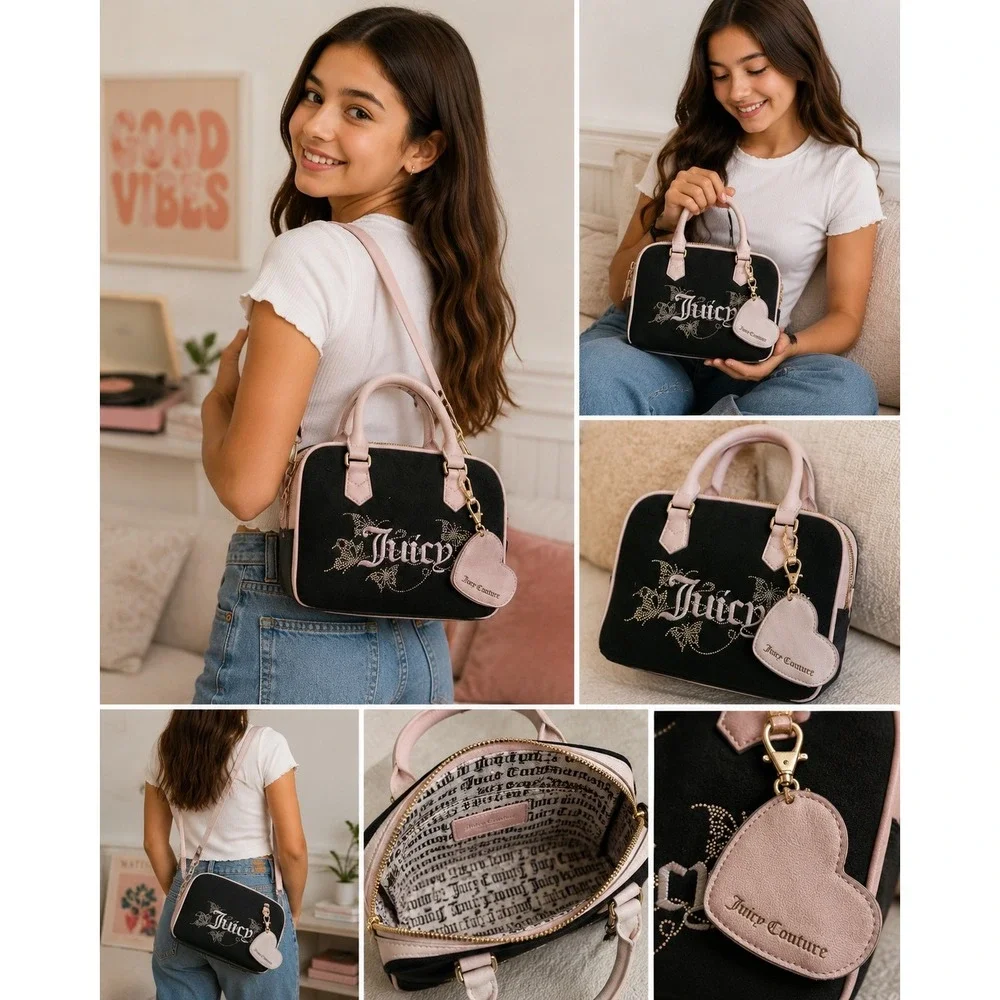Juicy Couture Satchel Women's Size Med Black New Rhinestone Butterfly